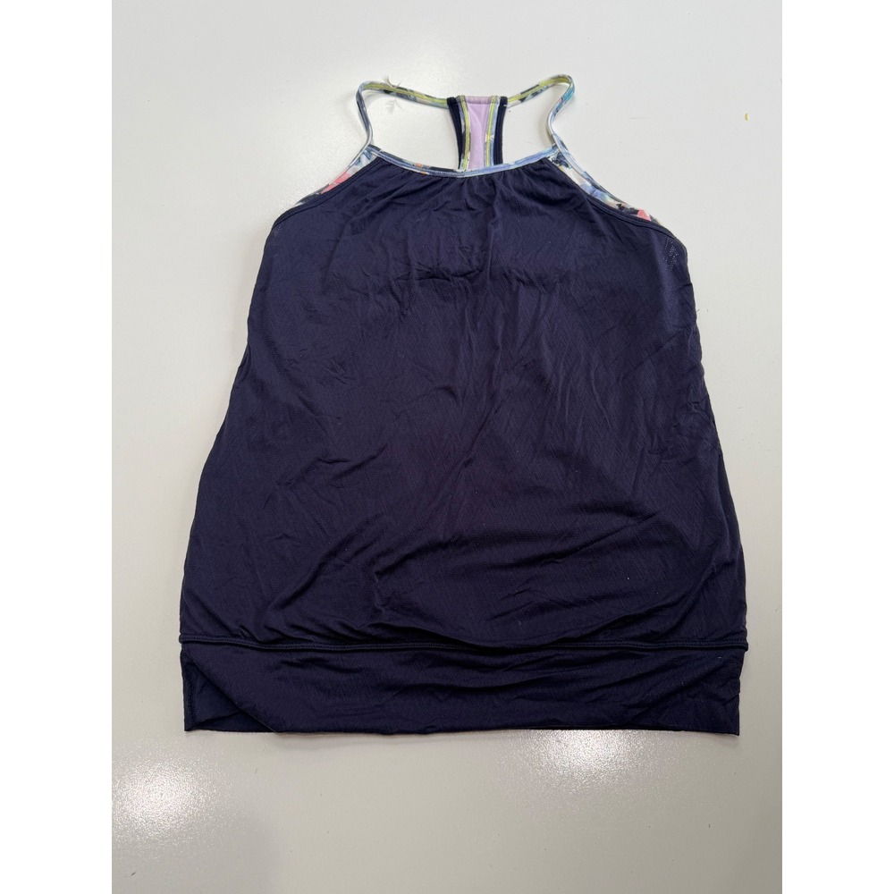 Ivivva Girls Navy Blue Racerback Tank Top Built-in Bra Floral Trim Size 14